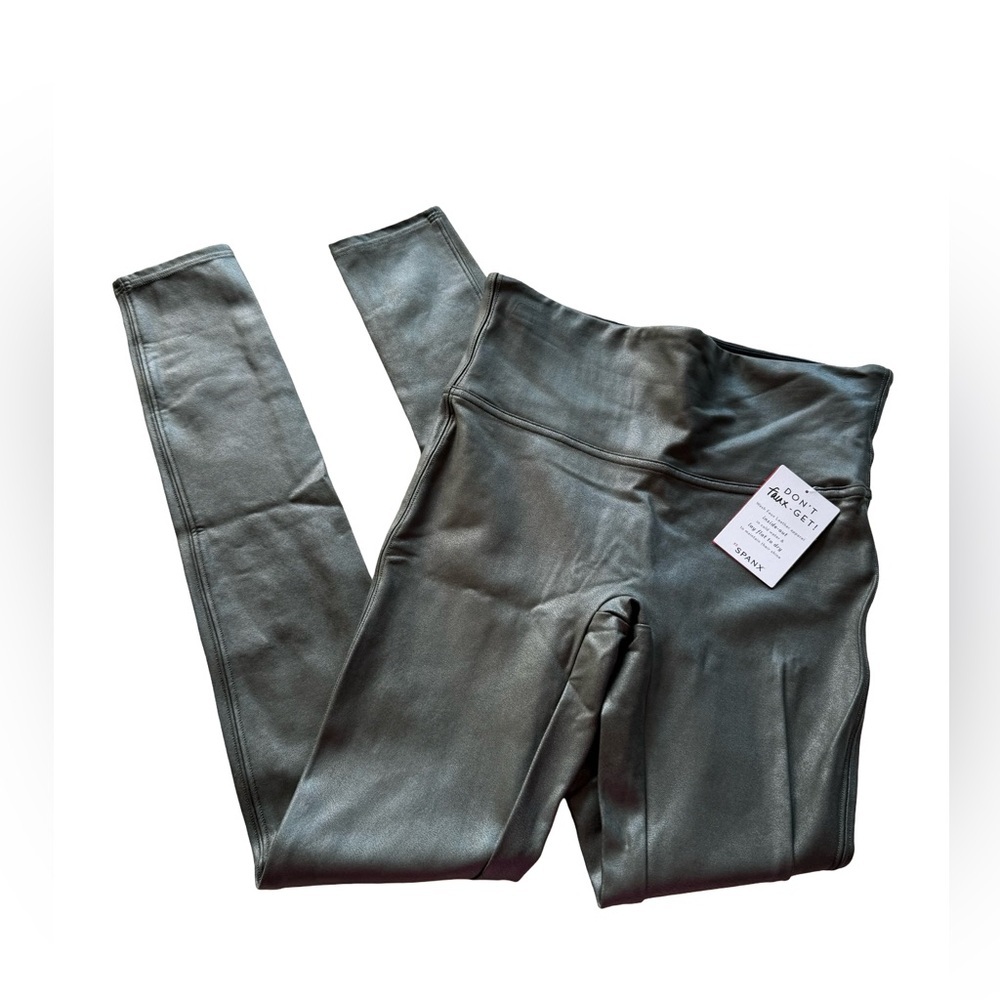 SPANX Faux Leather Leggings Army Green Size Small Pull-On Shaping NWT